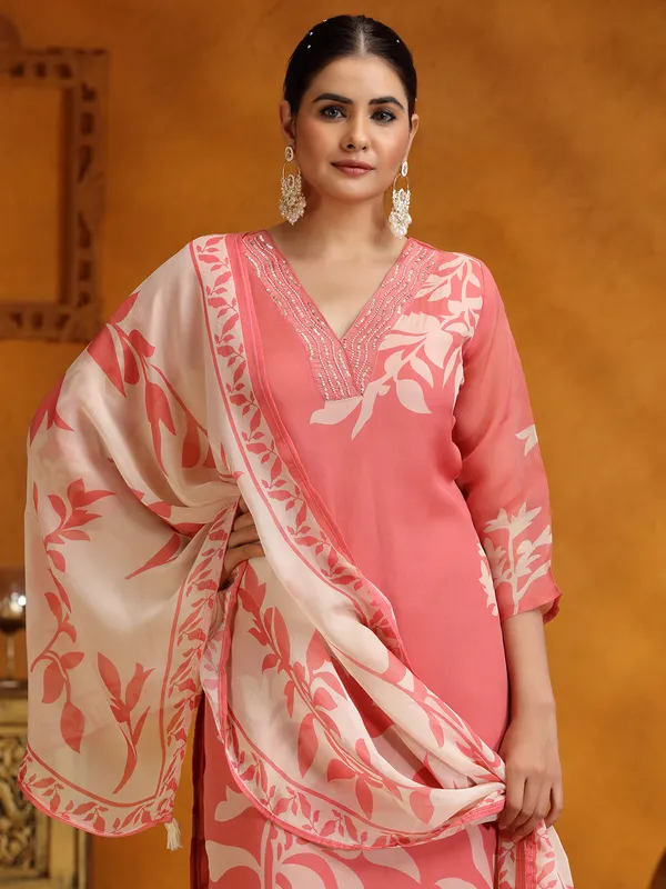 Peach printed georgette salwar suit with dupatta