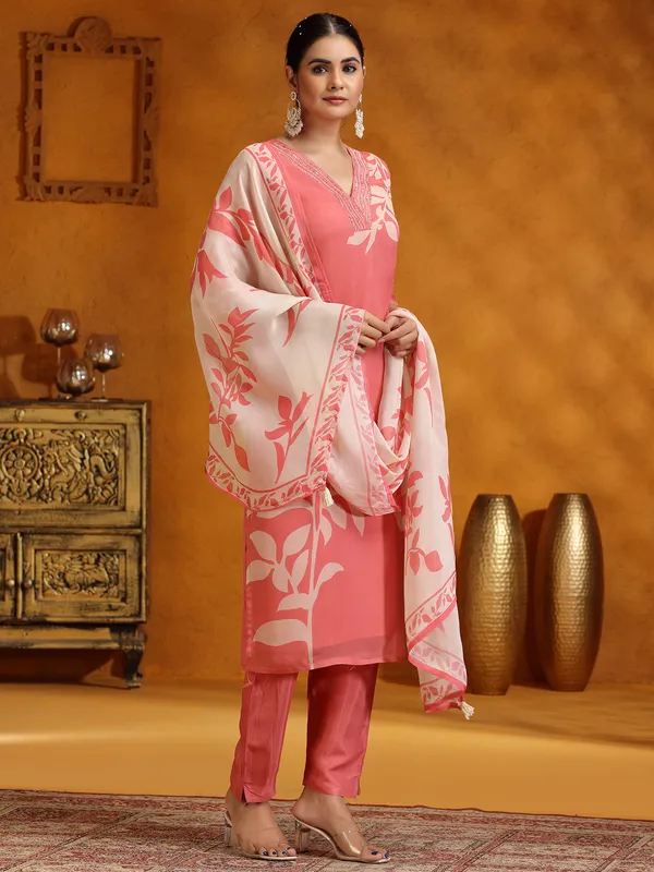 Peach printed georgette salwar suit with dupatta