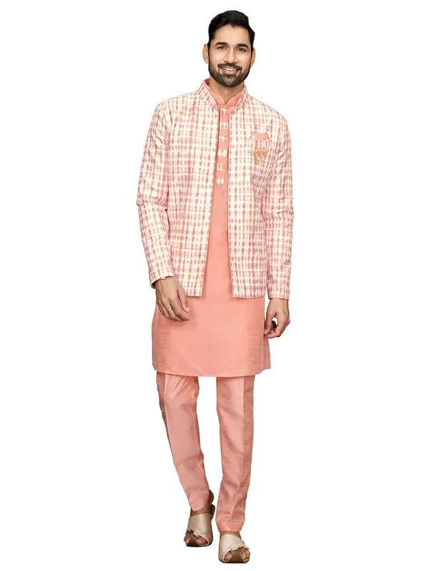 Peach printed indowestern in silk