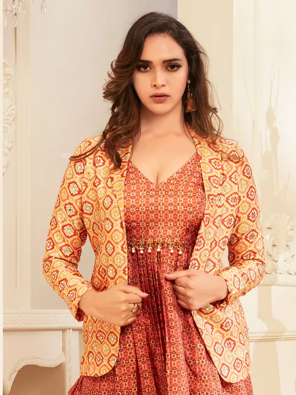 Peach printed jacket style sharara suit