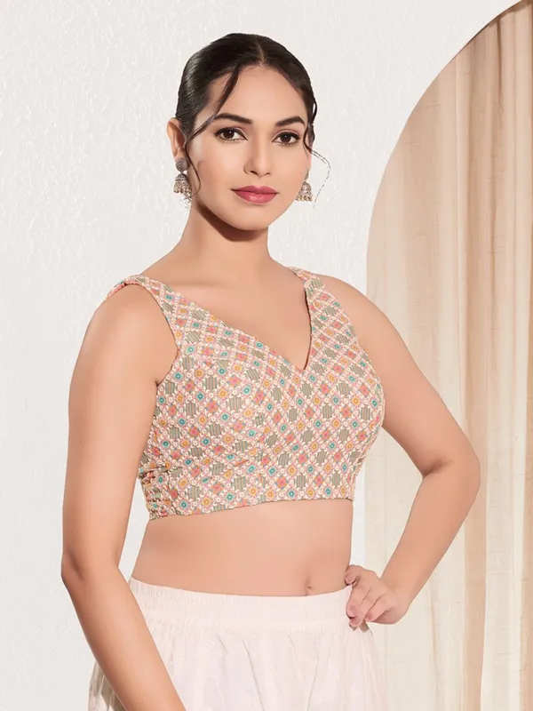Peach printed jacquard ready made blouse