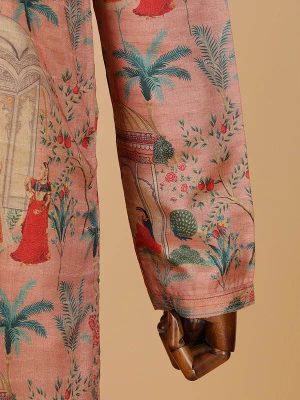 Peach printed kurta suit in cotton silk for men