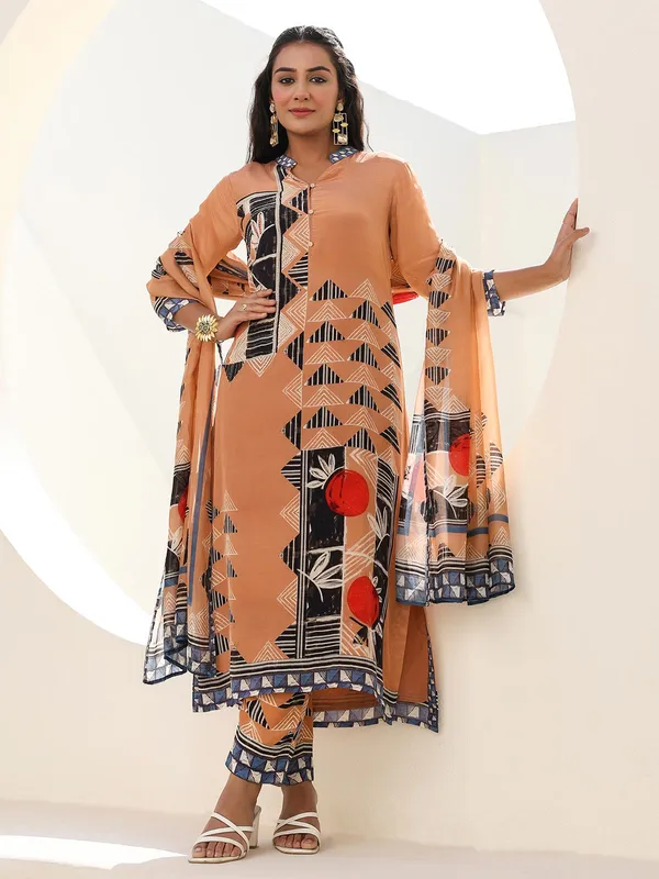 Peach printed kurti set in crepe