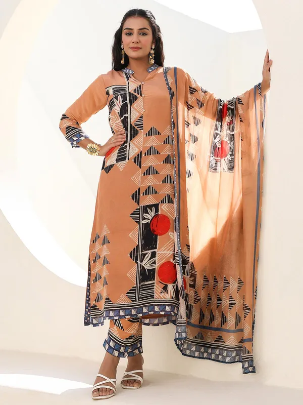 Peach printed kurti set in crepe
