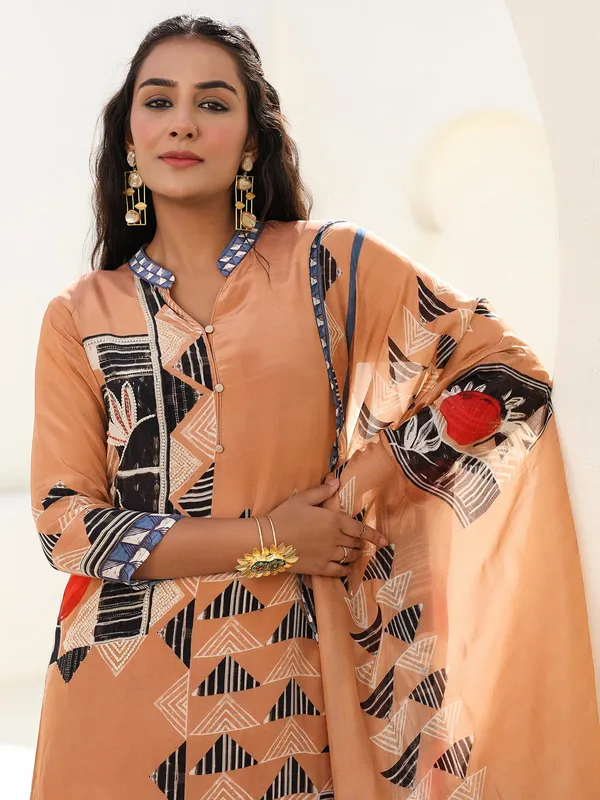 Peach printed kurti set in crepe