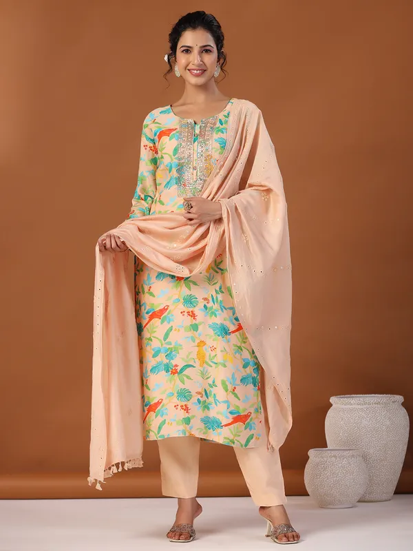 Peach printed kurti set in silk