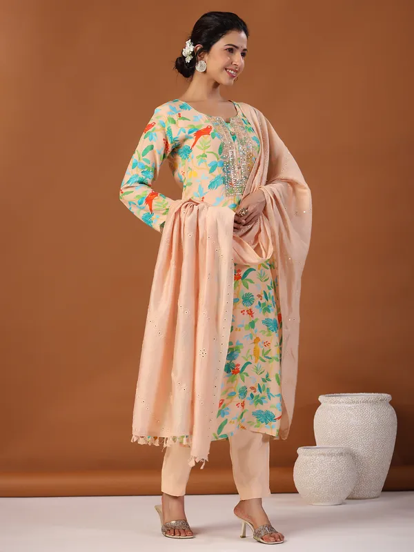 Peach printed kurti set in silk