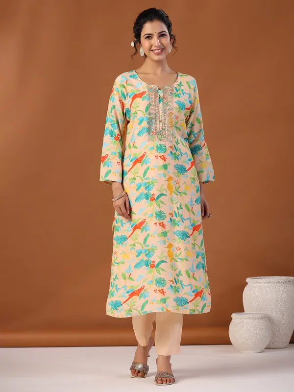 Peach printed kurti set in silk