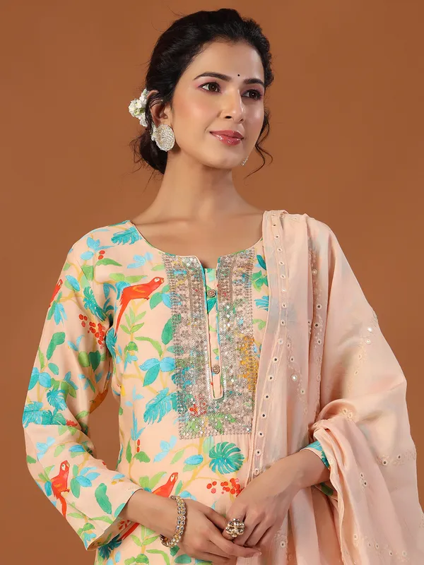 Peach printed kurti set in silk