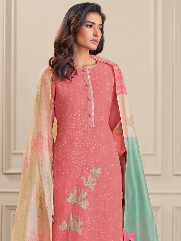 Peach printed linen cotton salwar suit