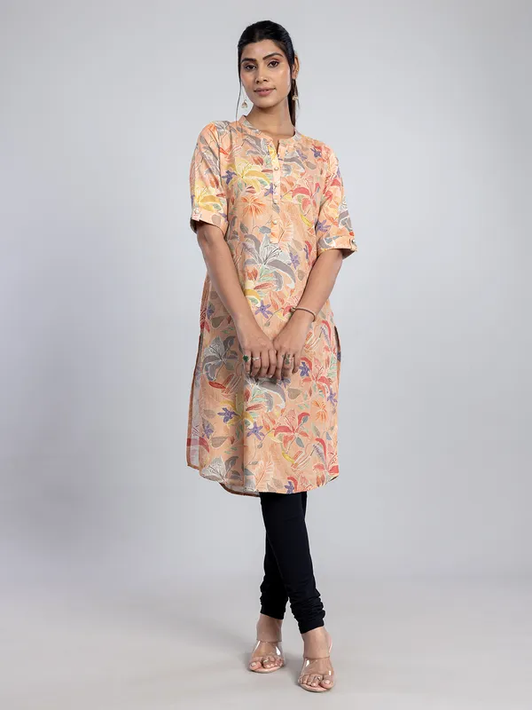 Peach printed linen kurti for women