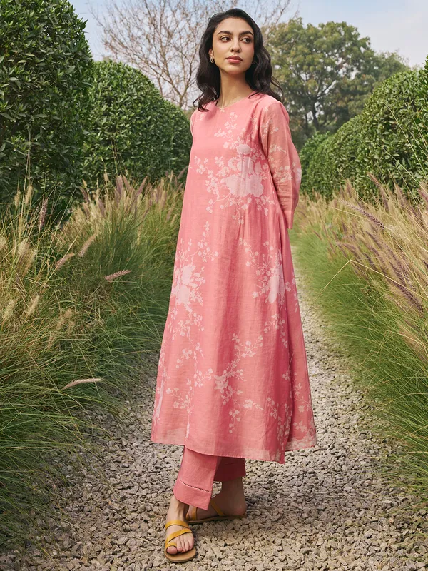 Peach printed muslin cotton salwar suit for women