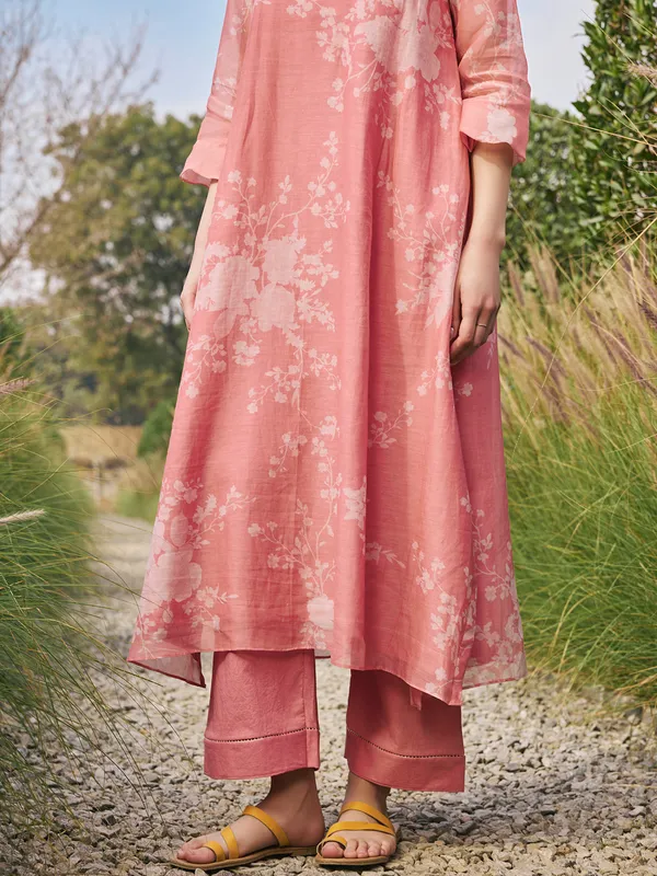 Peach printed muslin cotton salwar suit for women