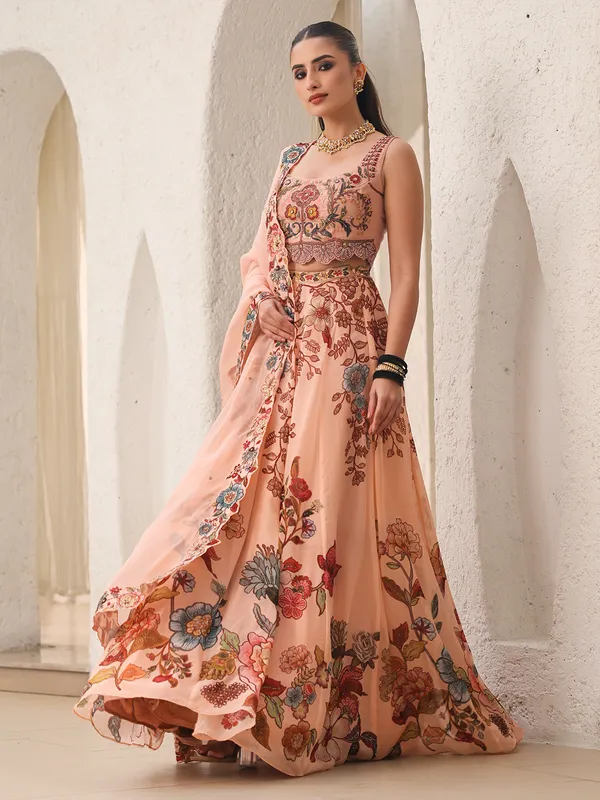 Peach printed oragnza lehenga choli