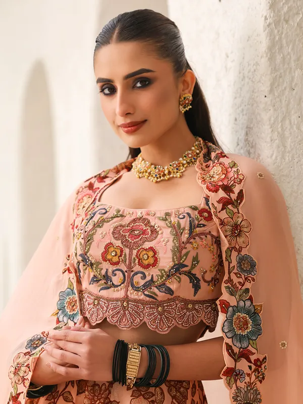 Peach printed oragnza lehenga choli