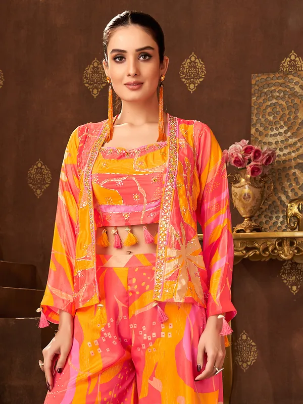 Peach printed palazzo suit with jacket