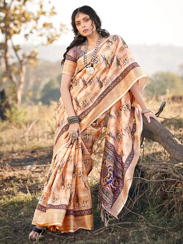 Peach printed saree in cotton