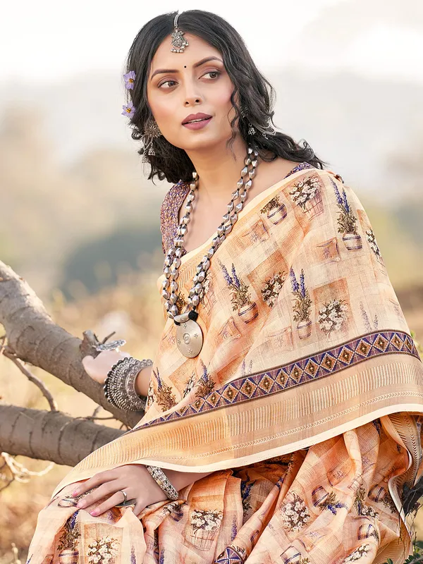 Peach printed saree in cotton