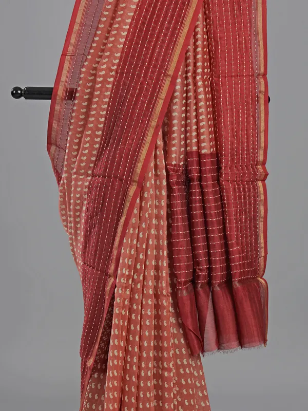 Peach printed saree in semi cotton fabric
