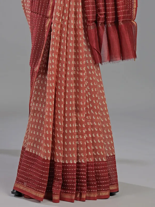 Peach printed saree in semi cotton fabric