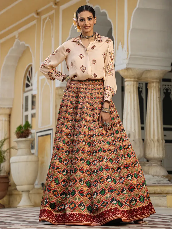 Peach printed satin shirt with lehenga