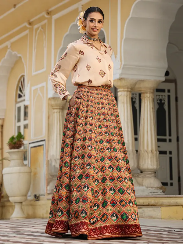 Peach printed satin shirt with lehenga