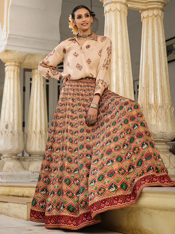 Peach printed satin shirt with lehenga