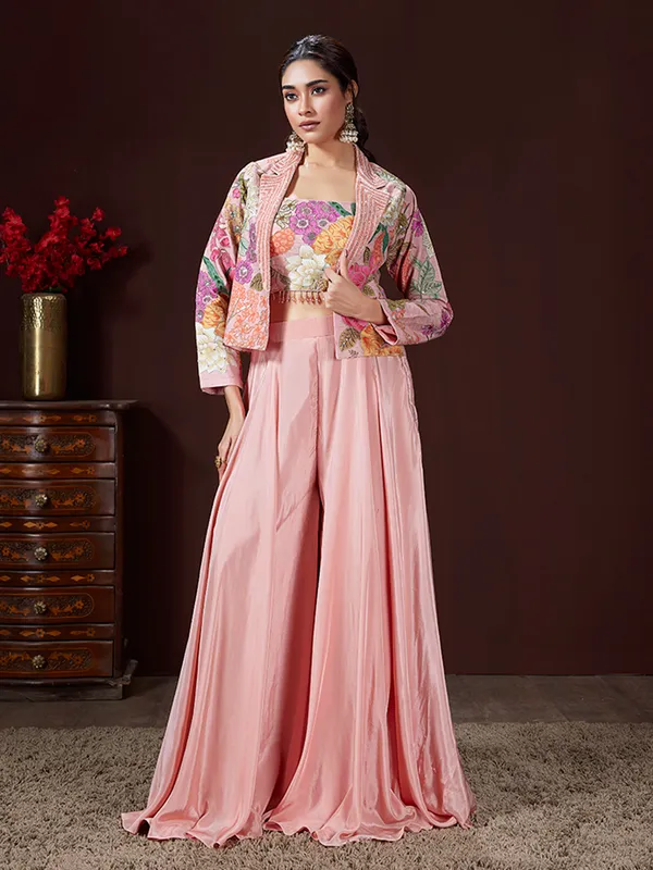 Peach printed satin silk palazzo suit with jacket