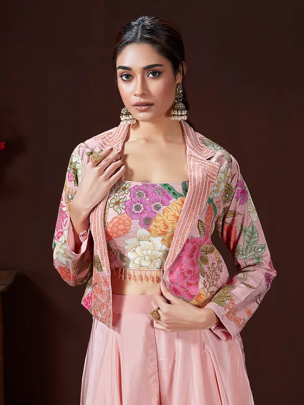 Peach printed satin silk palazzo suit with jacket