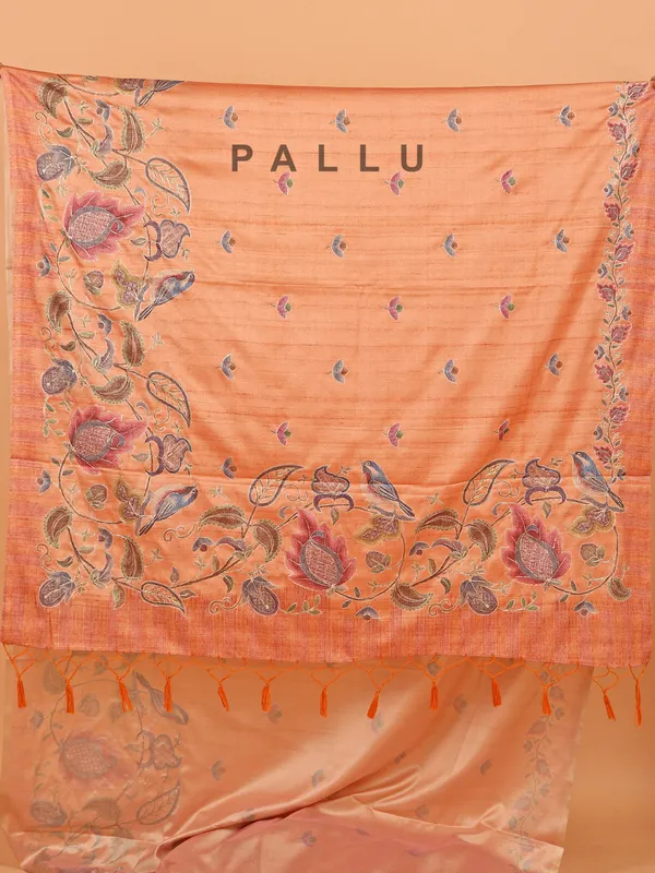 Peach printed semi cotton silk saree for festive