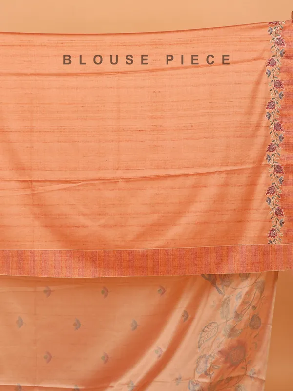 Peach printed semi cotton silk saree for festive