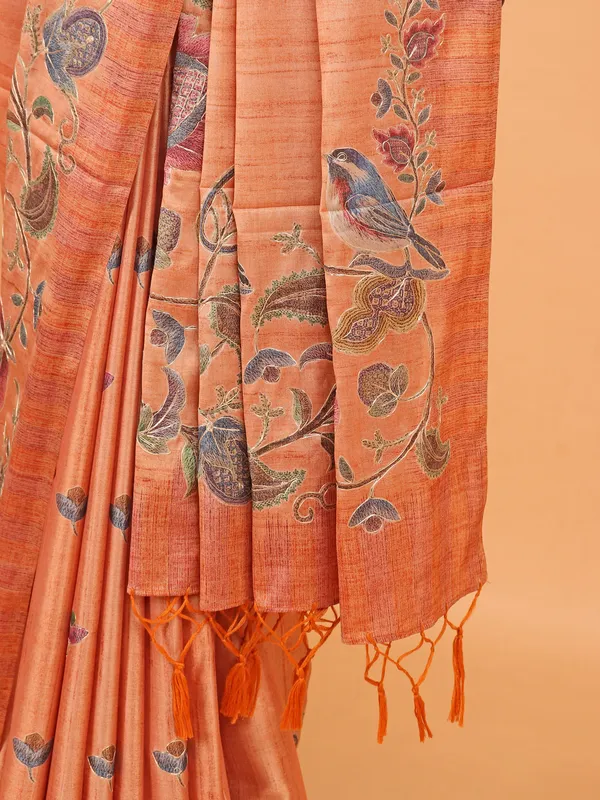 Peach printed semi cotton silk saree for festive