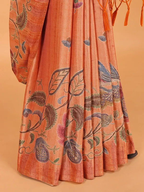 Peach printed semi cotton silk saree for festive