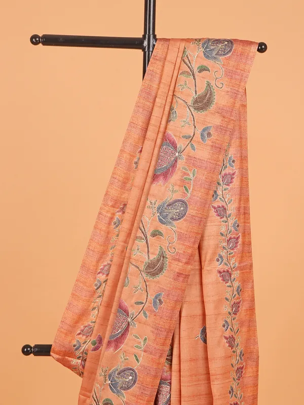 Peach printed semi cotton silk saree for festive
