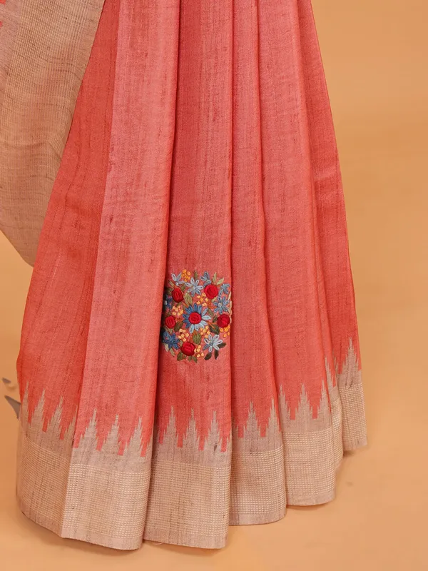 Peach printed semi tusser silk saree for women