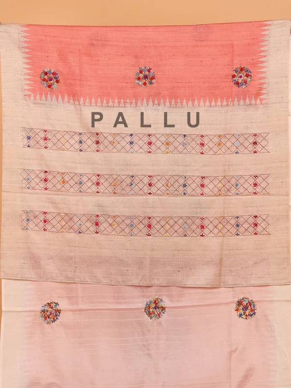 Peach printed semi tusser silk saree for women