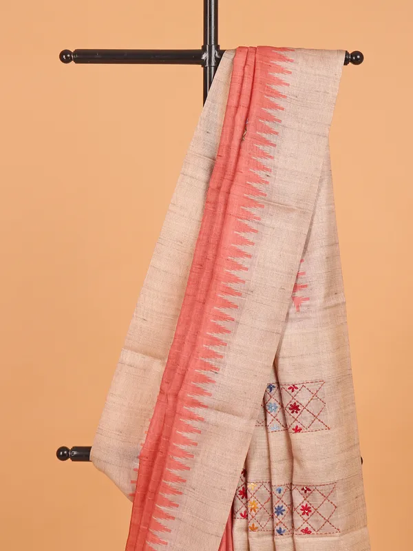 Peach printed semi tusser silk saree for women