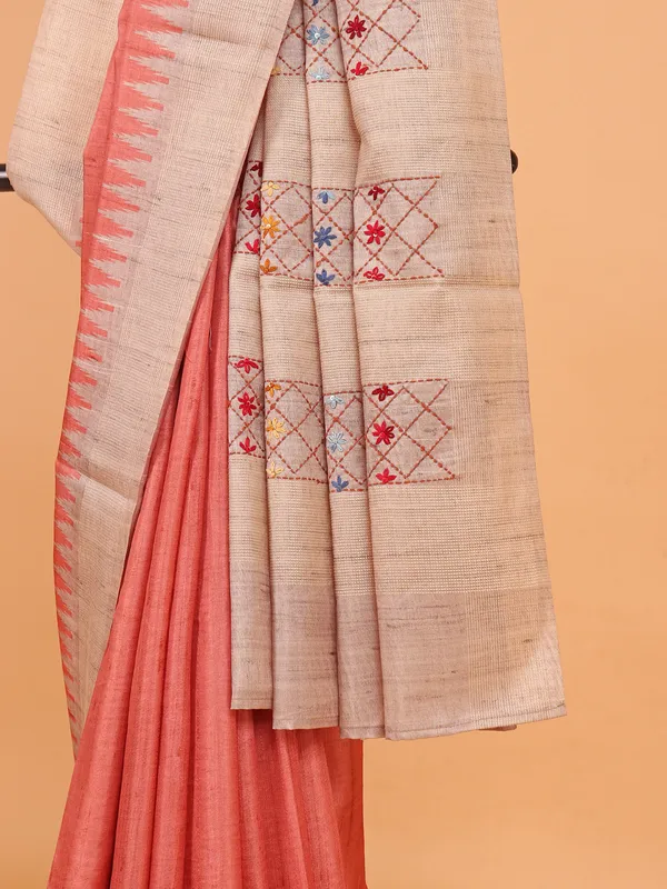 Peach printed semi tusser silk saree for women
