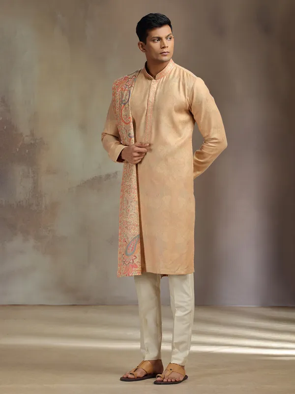 Peach printed pashmina silk kurta pajama with dupatta