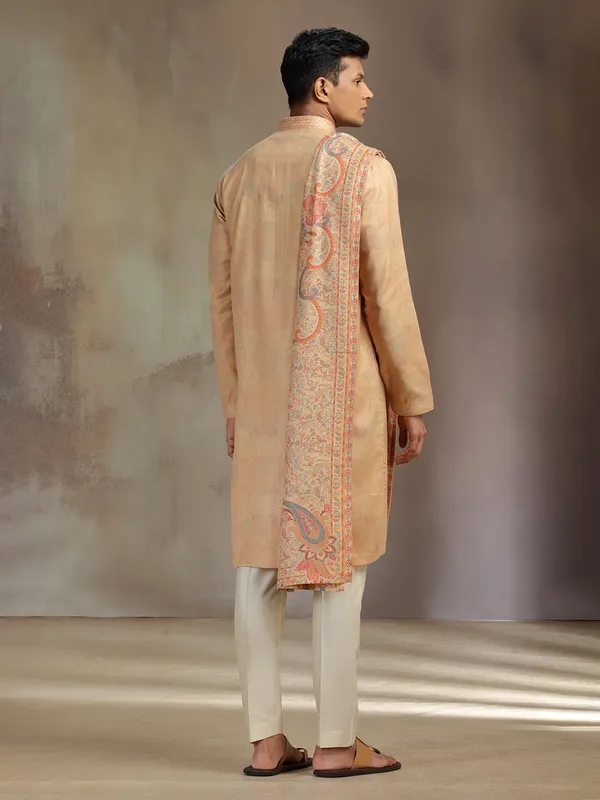 Peach printed pashmina silk kurta pajama with dupatta
