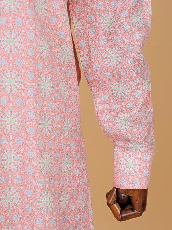 Peach printed silk kurta suit for men