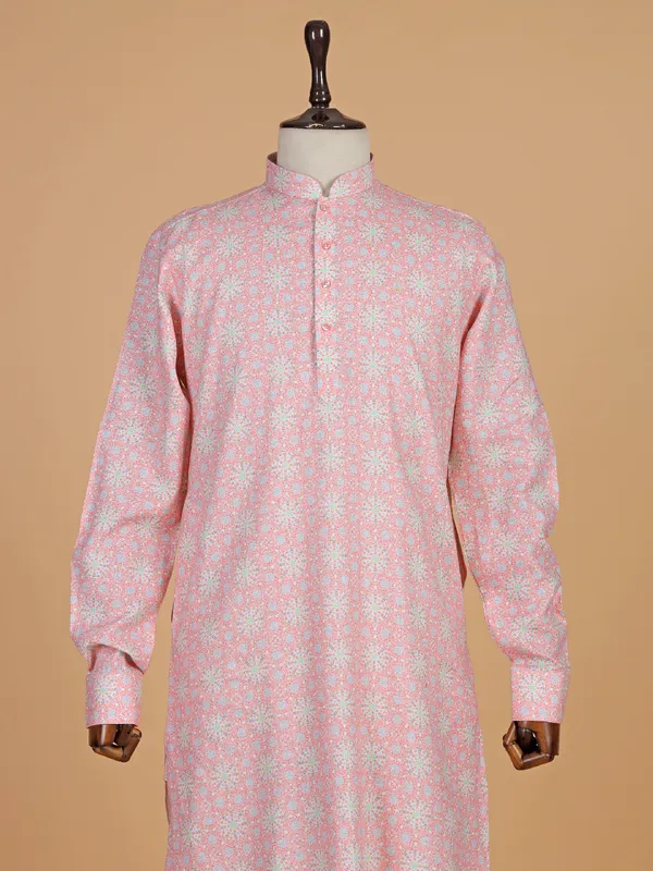 Peach printed silk kurta suit for men