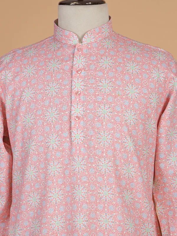 Peach printed silk kurta suit for men