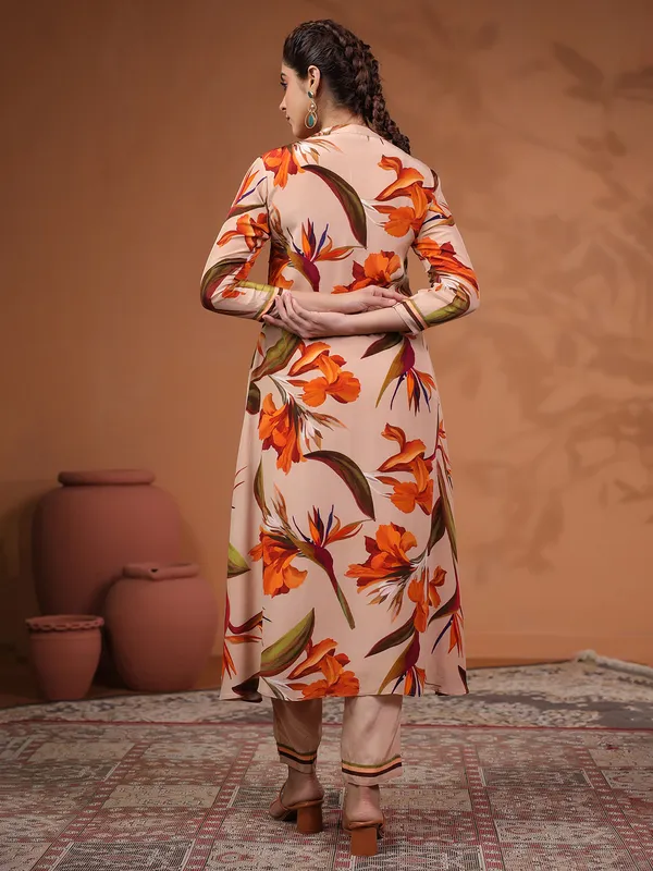 Peach printed silk kurti set for festive