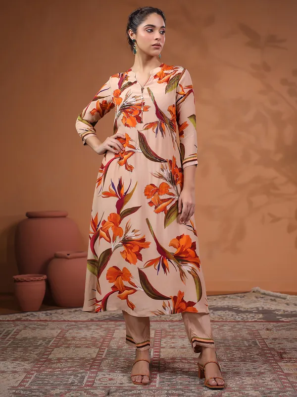 Peach printed silk kurti set for festive