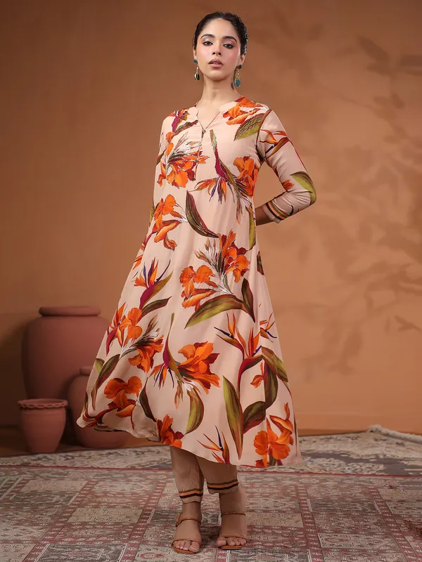 Peach printed silk kurti set for festive