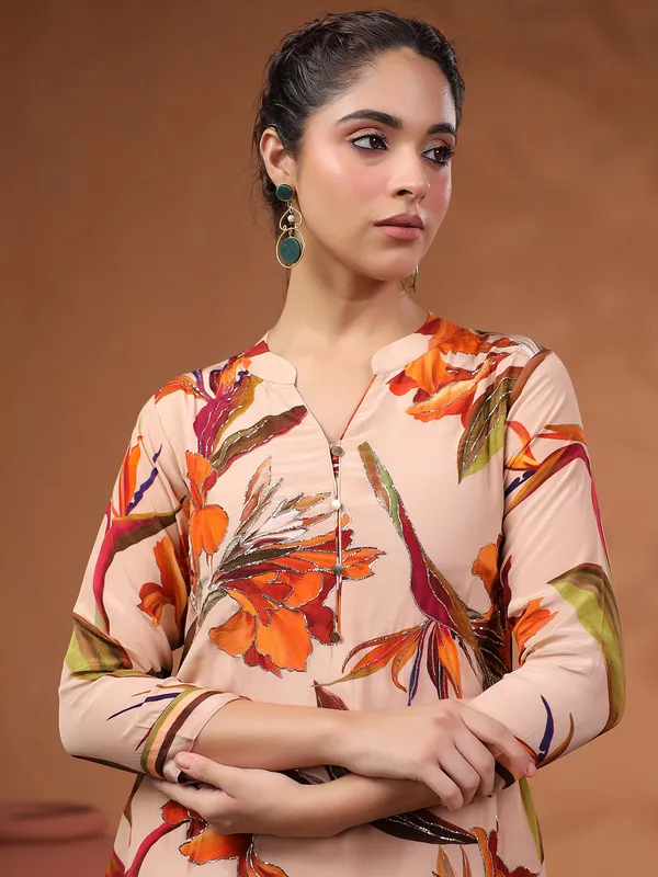 Peach printed silk kurti set for festive