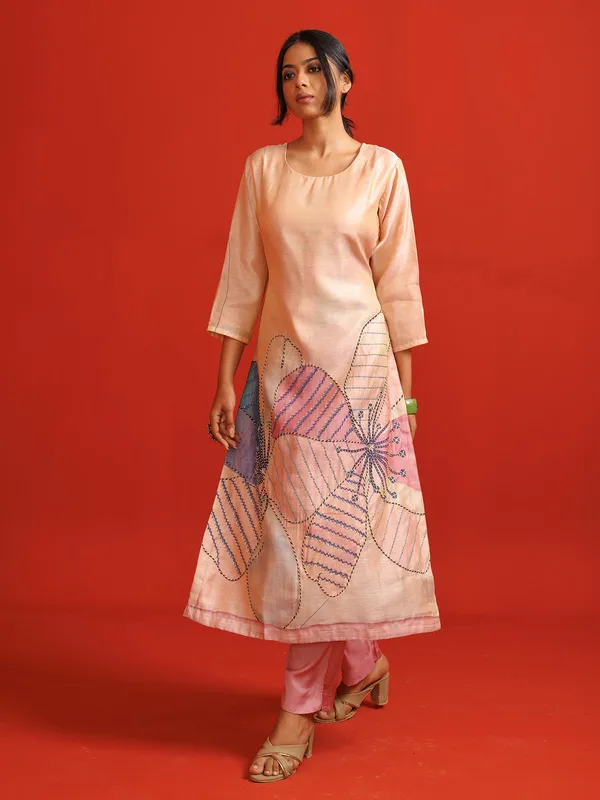 Peach printed silk kurti set for women