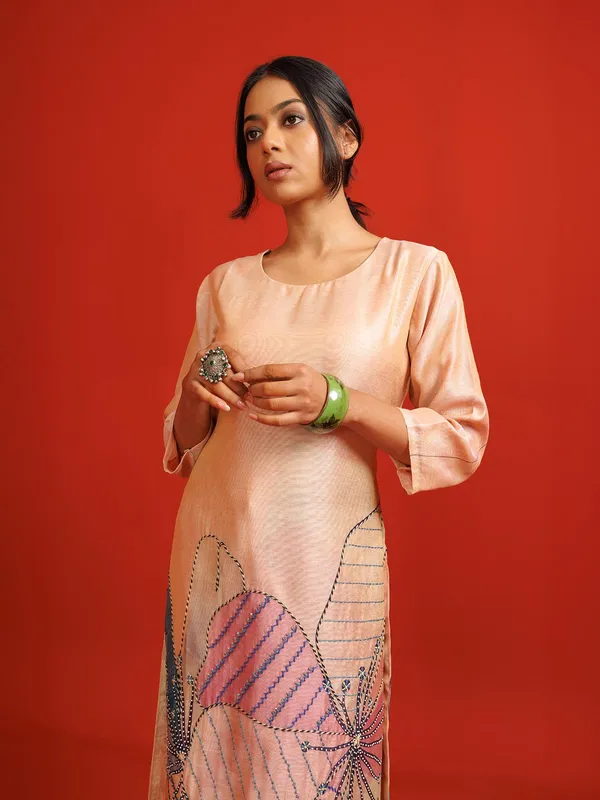 Peach printed silk kurti set for women