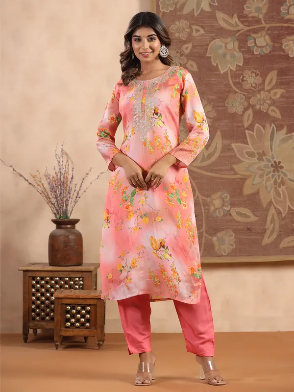 Peach printed silk kurti set with dupatta